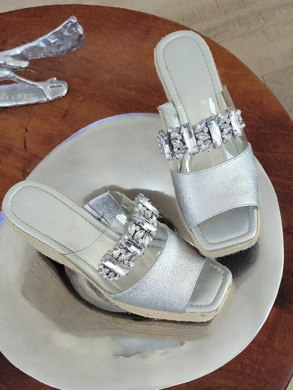 Karl Lagerfeld Carlana Silver Jeweled Espadrille Wedge Mules